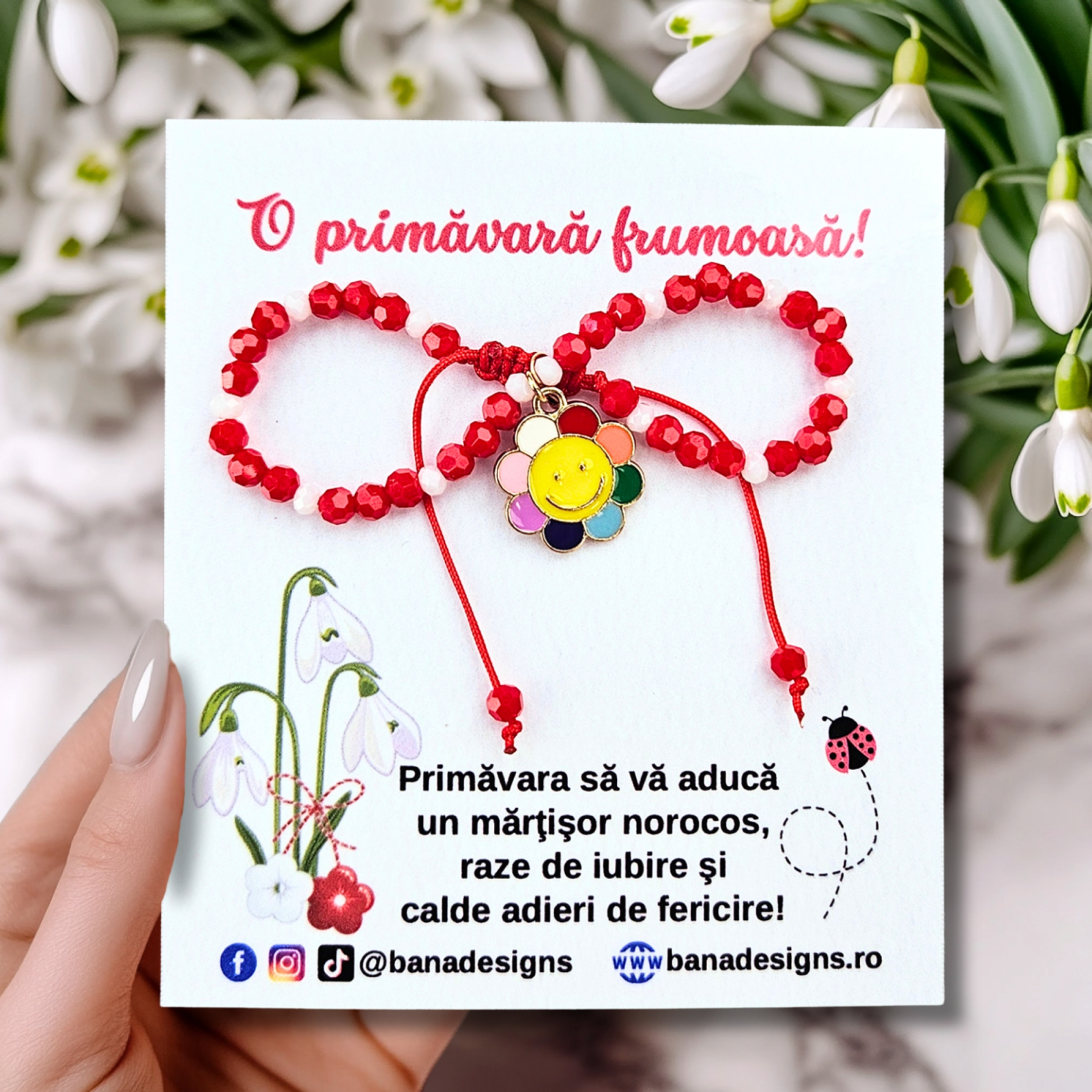 Bratara Martisor cu floricica multicolora emailata, cristale rosii si albe