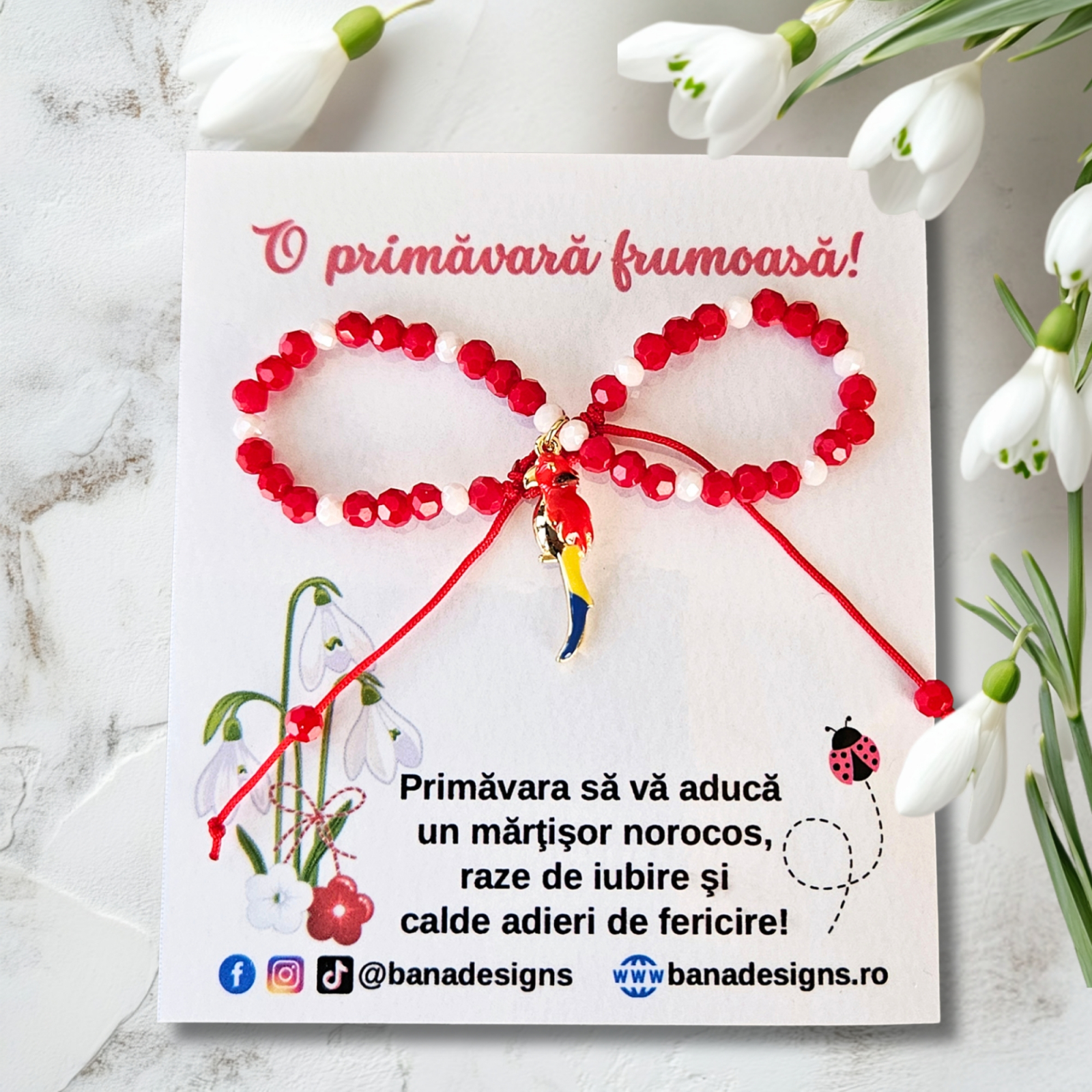 Bratara Martisor cu papagal emailatt, cristale rosii si albe