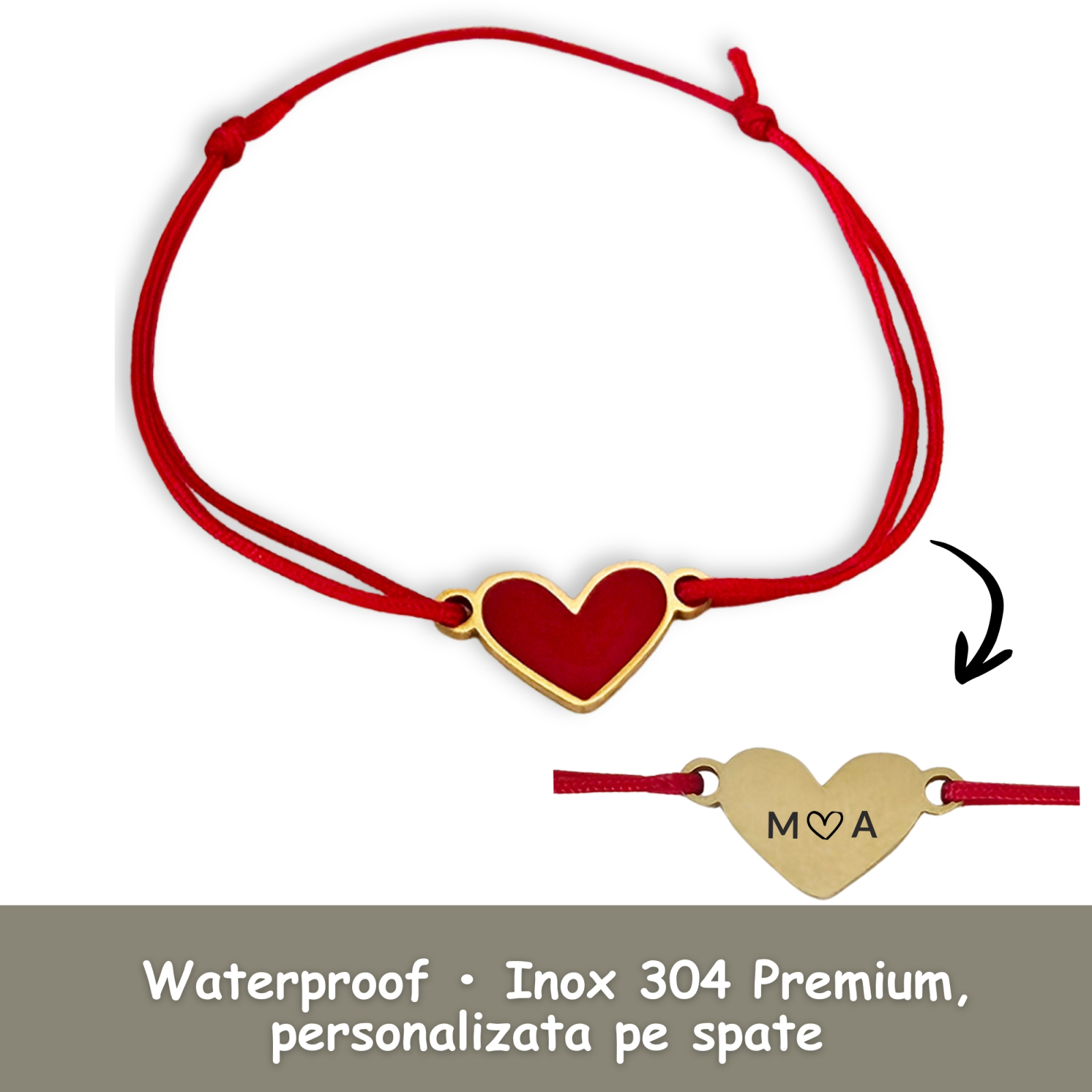 Brățară Minimalistă cu Inimioară Rosie Personalizată din Inox Auriu IP, Waterproof