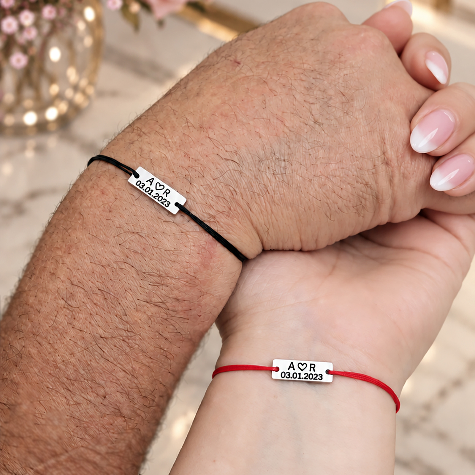 Set 2 Brățări Cuplu Personalizate cu Inițiale, Inimioară și Dată - Inox Waterproof