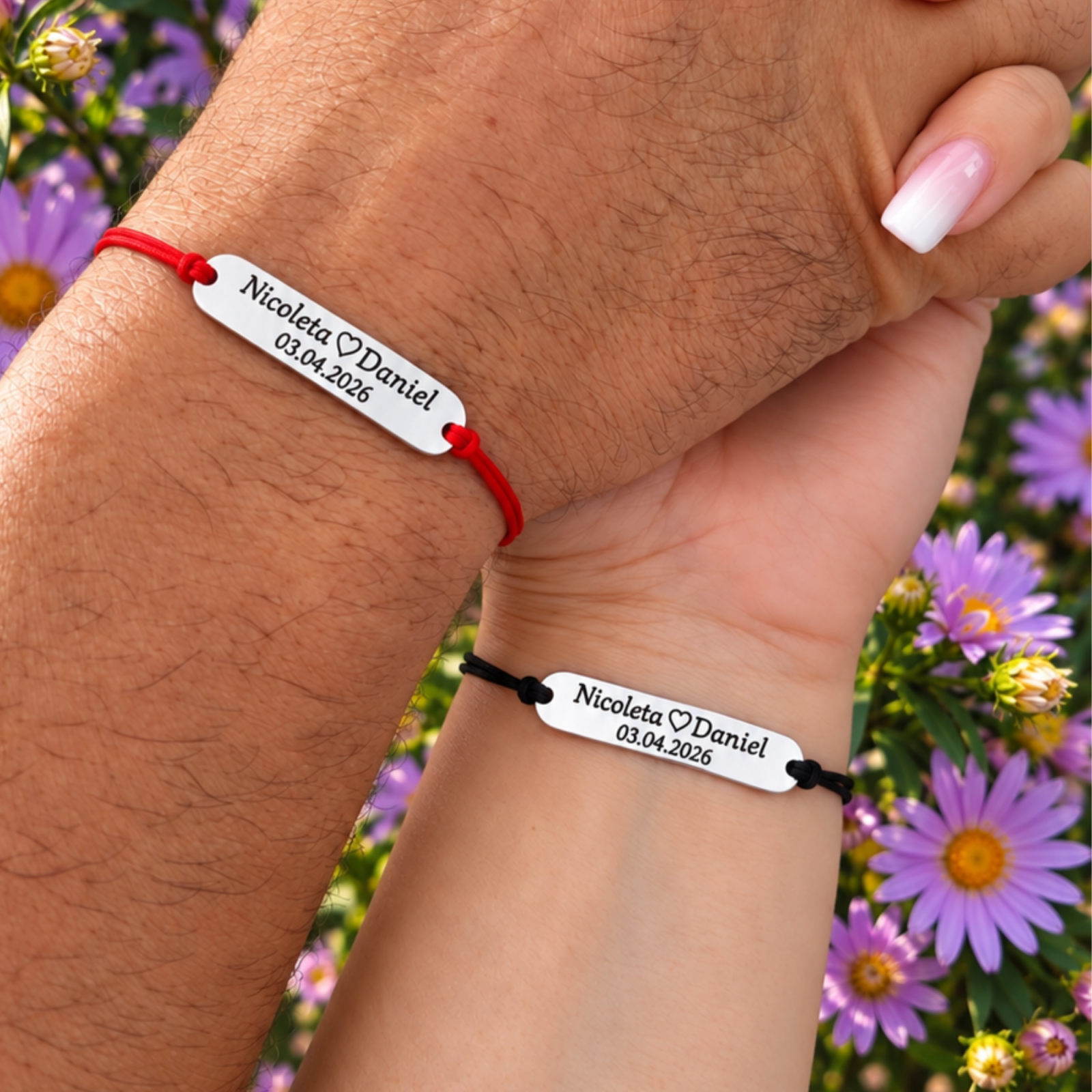 Set 2 Brățări Cuplu Personalizate cu Nume și Dată - Inox Waterproof