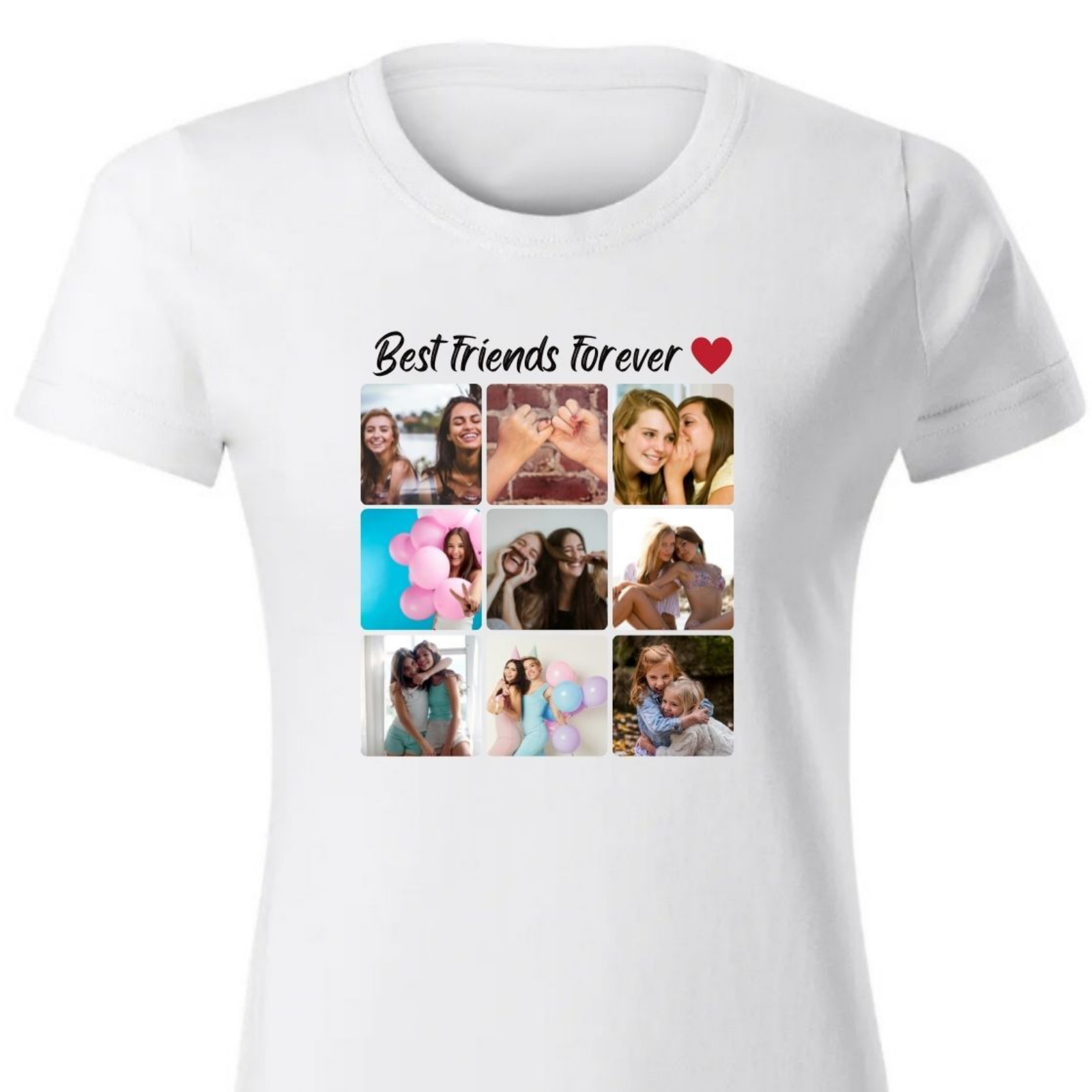 Laugh Characterize Specialize Tricou din bumbac personalizat pentru cele mai bune prietene cu colaj din 9  fotografii si mesaj