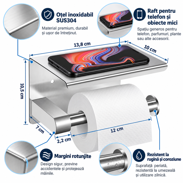 Suport hârtie igienică cu raft inox SUS304 periat – Argintiu [2]