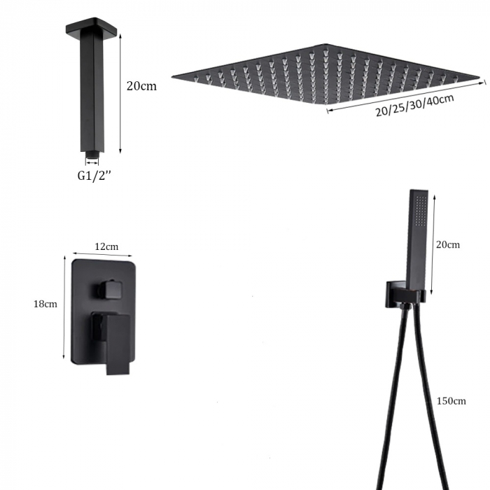 Set de dus negru incastrabil in tavan, cu para patrata 30 cm, 2 sau 3 functii de curgere a apei,Nova Black [6]