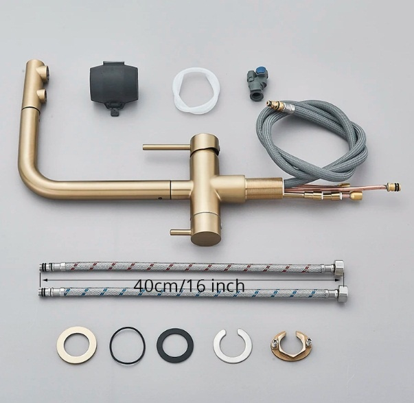 Baterie bucatarie, 3 cai, pentru filtru de purificare, dus extractibil, auriu periat [5]