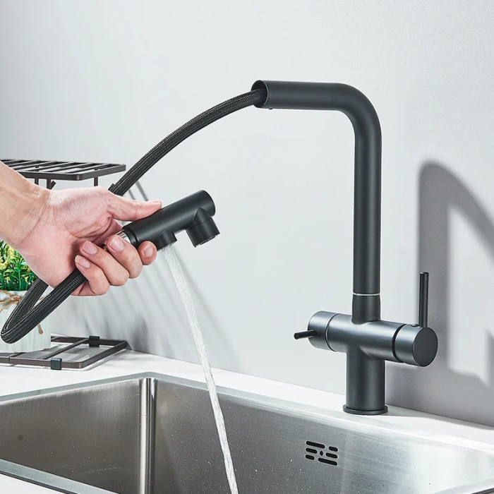 Baterie bucatarie, 3 cai, pentru filtru de purificare, dus extractibil, negru mat [3]