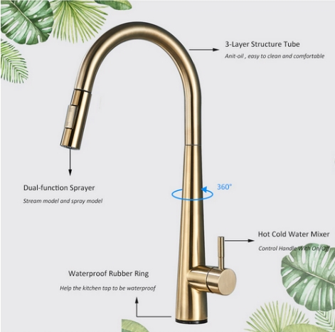 Baterie bucatarie aurie cu senzor de pornire la atingere,cu dus extractibil si pipa flexibila, 2 functii de curgere a apei, cu touch control [4]