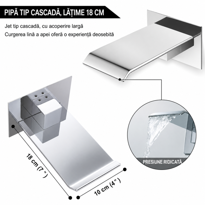 Baterie lavoar încastrată cu pipă tip cascadă 18 cm, crom lucios [3]
