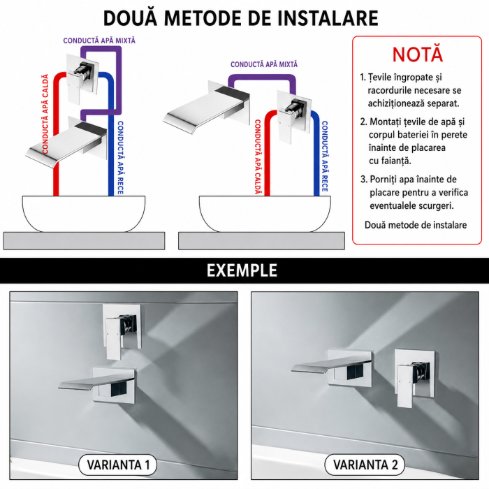 Baterie lavoar încastrată cu pipă tip cascadă 18 cm, crom lucios [5]