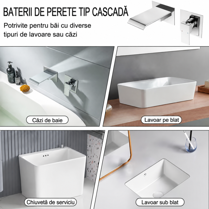 Baterie lavoar încastrată cu pipă tip cascadă 18 cm, crom lucios [4]