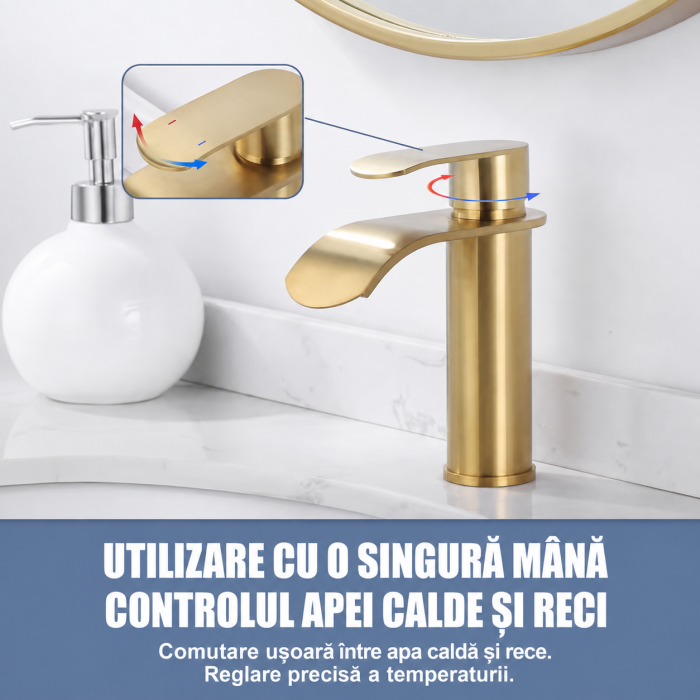 Baterie pentru lavoar auriu periat cu jet tip cascadă [4]