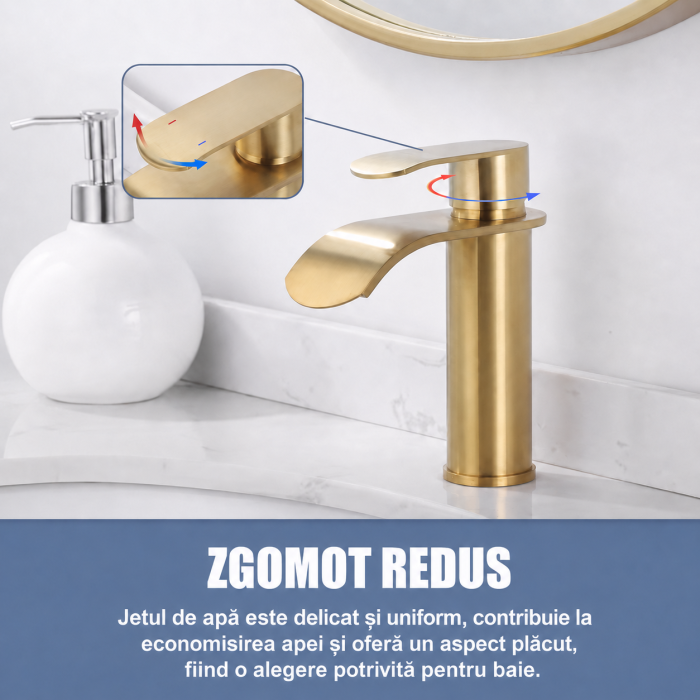 Baterie pentru lavoar auriu periat cu jet tip cascadă [3]