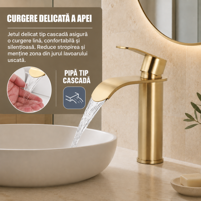 Baterie pentru lavoar auriu periat cu jet tip cascadă [6]