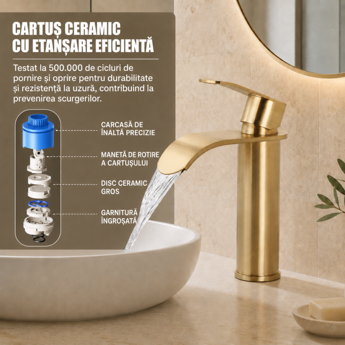 Baterie pentru lavoar auriu periat cu jet tip cascadă [5]