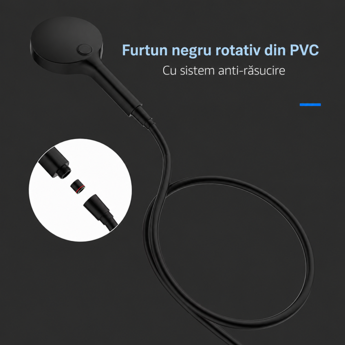 Baterie premium pentru cadă și duș cu pipă cascadă, montaj pe perete, finisaj negru mat [7]