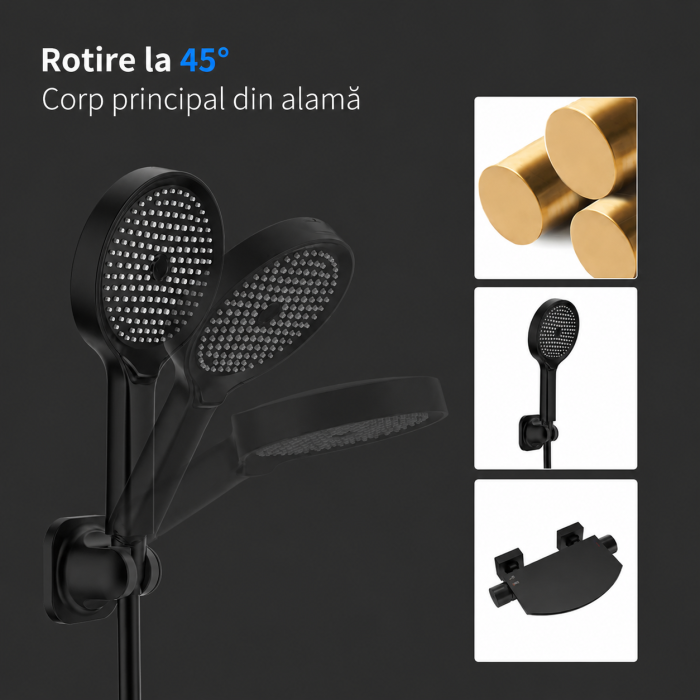 Baterie premium pentru cadă și duș cu pipă cascadă, montaj pe perete, finisaj negru mat [6]