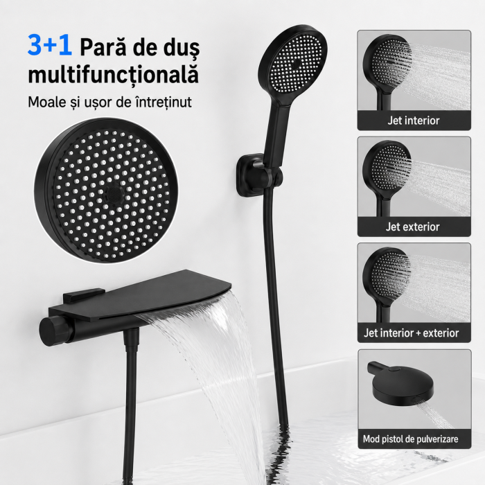 Baterie premium pentru cadă și duș cu pipă cascadă, montaj pe perete, finisaj negru mat [2]