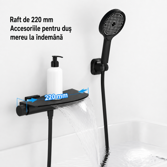 Baterie premium pentru cadă și duș cu pipă cascadă, montaj pe perete, finisaj negru mat [4]