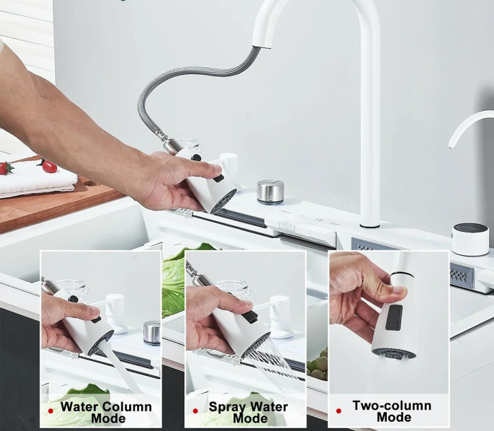 Chiuveta Multifuncționala Premium, din Otel Inoxidabil cu 2 cascade, jet spalare pahare, tocator din lemn natural si 2 cuve pentru spalat, Alb Mat [4]