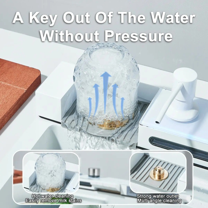 Chiuveta Multifuncționala Premium, din Otel Inoxidabil cu 2 cascade, jet spalare pahare, tocator din lemn natural si 2 cuve pentru spalat, Alb Mat [6]