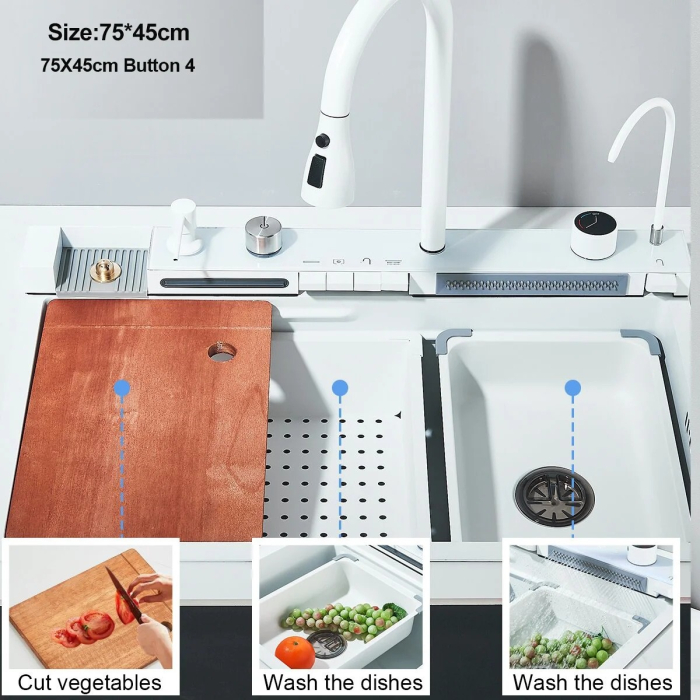 Chiuveta Multifuncționala Premium, din Otel Inoxidabil cu 2 cascade, jet spalare pahare, tocator din lemn natural si 2 cuve pentru spalat, Alb Mat [5]