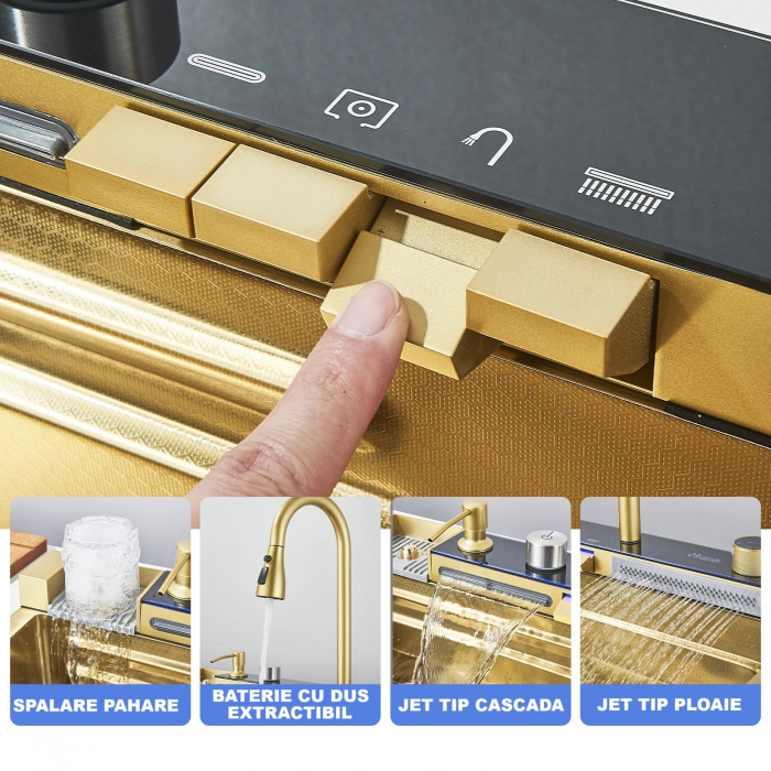 Chiuveta Multifuncționala Premium, din Otel Inoxidabil cu 2 cascade, jet spalare pahare, tocator din lemn natural si 2 cuve pentru spalat, Auriu Periat [5]