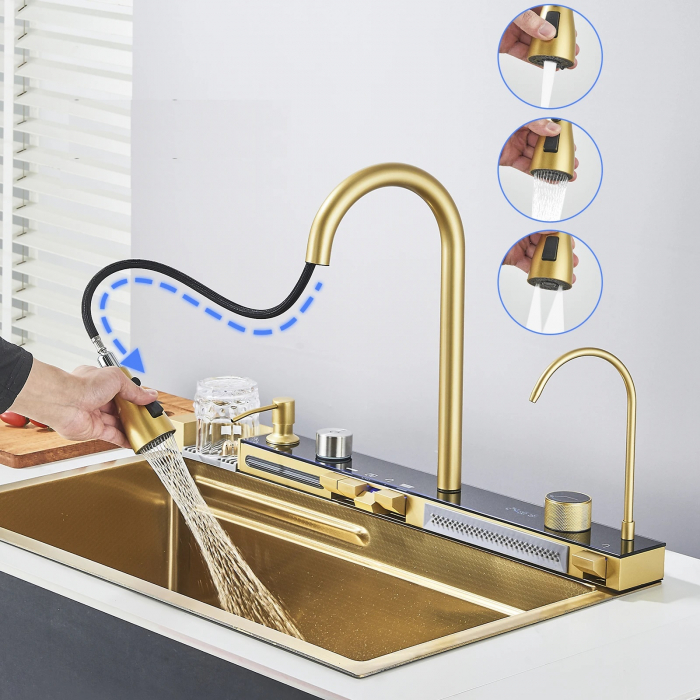 Chiuveta Multifuncționala Premium, din Otel Inoxidabil cu 2 cascade, jet spalare pahare, tocator din lemn natural si 2 cuve pentru spalat, Auriu Periat [4]