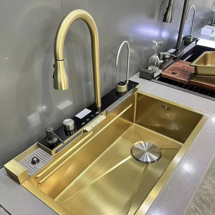 Chiuveta Multifuncționala Premium, din Otel Inoxidabil cu 2 cascade, jet spalare pahare, tocator din lemn natural si 2 cuve pentru spalat, Auriu Periat [9]