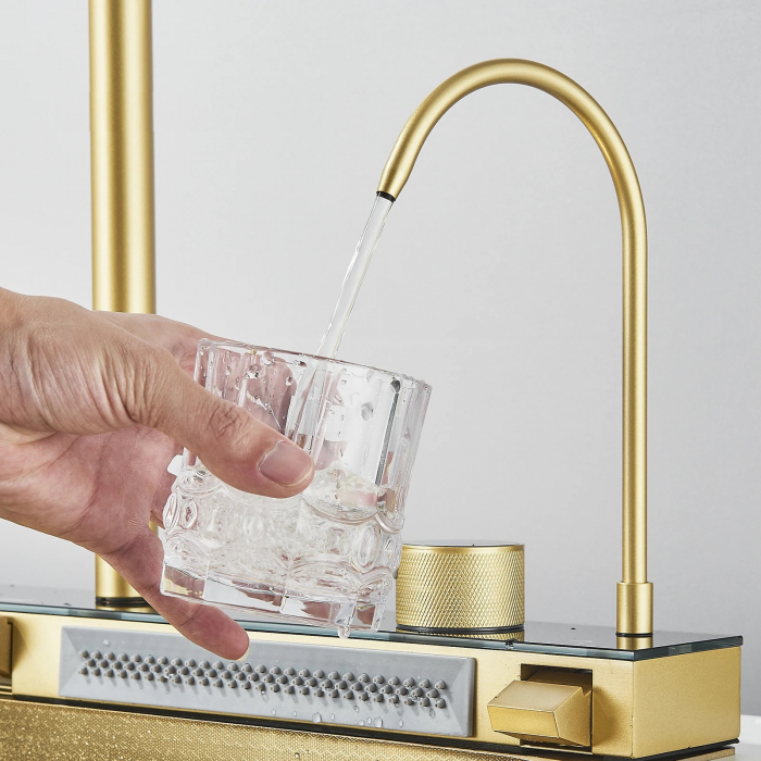 Chiuveta Multifuncționala Premium, din Otel Inoxidabil cu 2 cascade, jet spalare pahare, tocator din lemn natural si 2 cuve pentru spalat, Auriu Periat [8]