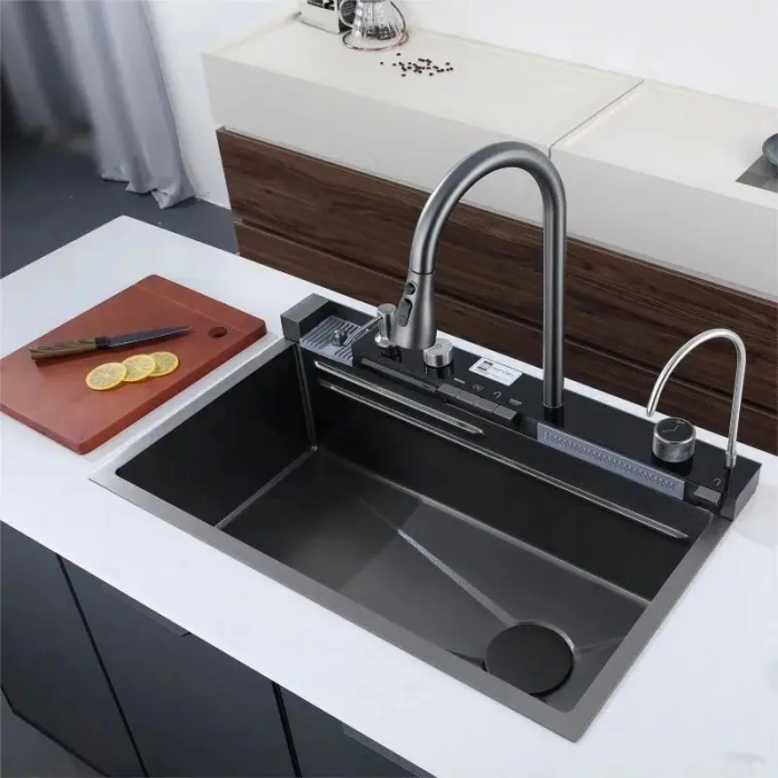 Chiuveta Multifuncționala Premium, din Otel Inoxidabil cu 2 cascade, jet spalare pahare, tocator din lemn natural si 2 cuve pentru spalat, Negru Mat [4]