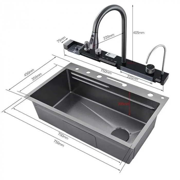 Chiuveta Multifuncționala Premium, din Otel Inoxidabil cu 2 cascade, jet spalare pahare, tocator din lemn natural si 2 cuve pentru spalat, Negru Mat [12]