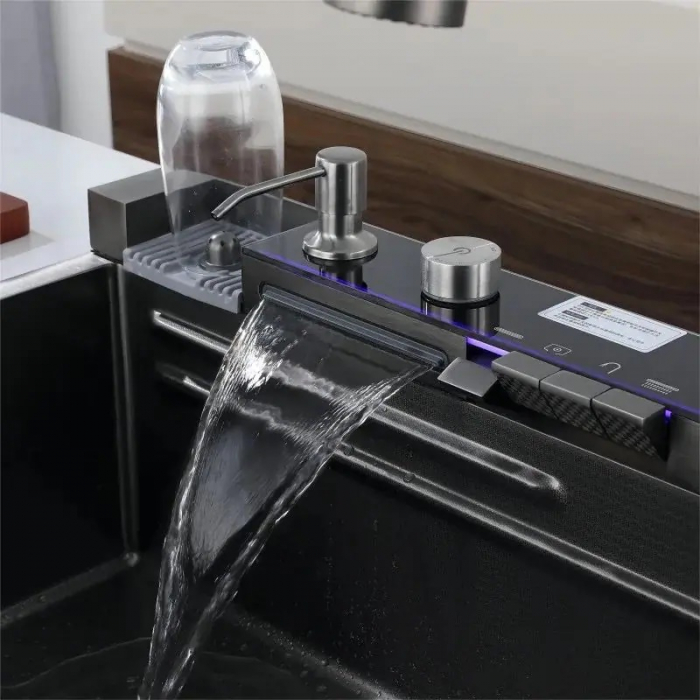 Chiuveta Multifuncționala Premium, din Otel Inoxidabil cu 2 cascade, jet spalare pahare, tocator din lemn natural si 2 cuve pentru spalat, Negru Mat [9]