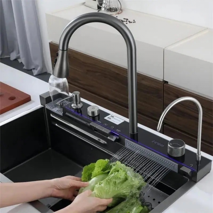 Chiuveta Multifuncționala Premium, din Otel Inoxidabil cu 2 cascade, jet spalare pahare, tocator din lemn natural si 2 cuve pentru spalat, Negru Mat [5]