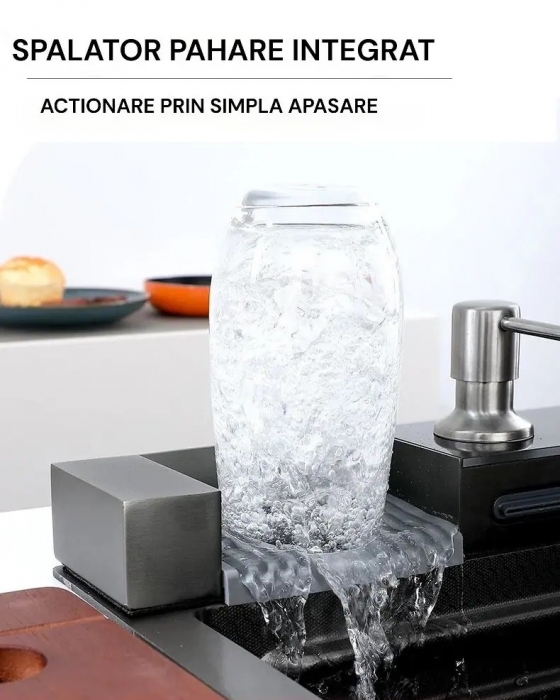 Chiuveta Multifuncționala Premium, din Otel Inoxidabil cu 2 cascade, jet spalare pahare, tocator din lemn natural si 2 cuve pentru spalat, Negru Mat [11]