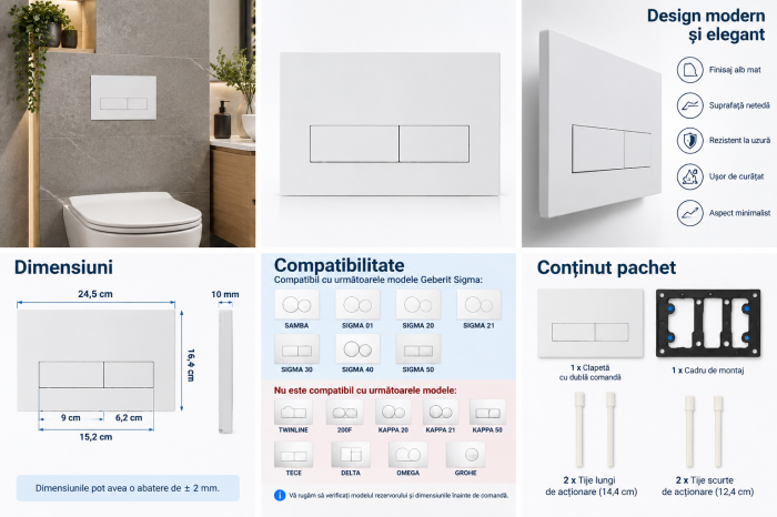 Clapetă WC dublă comandă compatibilă Geberit Sigma 245x164 mm alb mat [3]