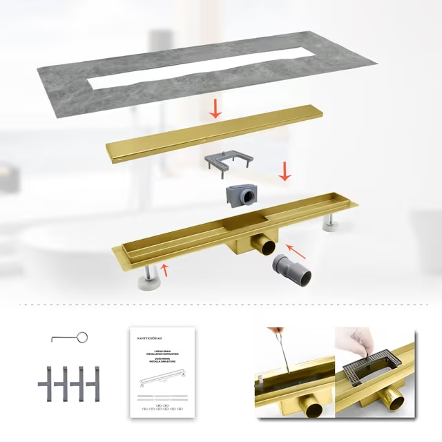 Rigola de pardoseală gold periat cu gratar plat, din inox, lungime 30 cm [3]