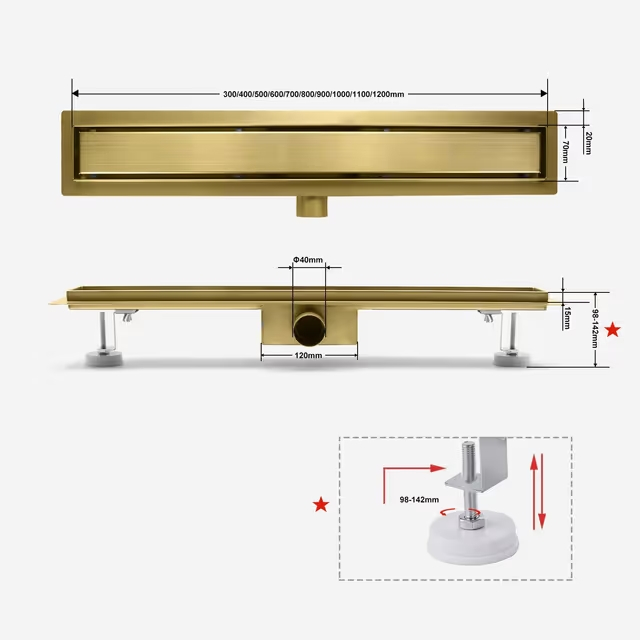 Rigola de pardoseală gold periat cu gratar plat, din inox, lungime 30 cm [4]