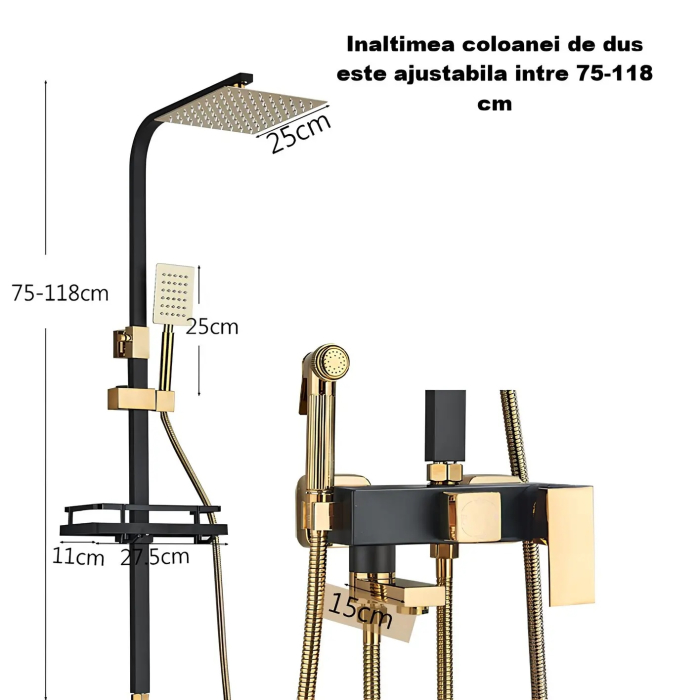 Set de duș cu efect de ploaie pentru baie, cu robinet de pulverizare pentru bideu,negru/gold [6]