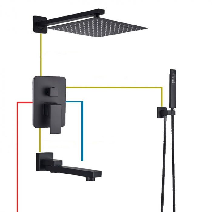 Set de dus negru incastrat cu para patrata 30 cm latura, 3 functii de curgere a apei [6]