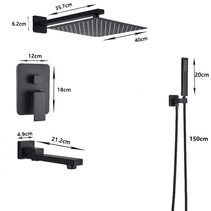 Set de dus negru Novara cu para patrata 40 cm, negru mat, 3 functii de curgere a apei [3]