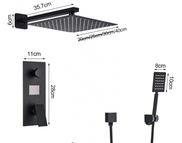 Set de dus cu para patrata de 40 cm, negru mat, cu 2 functii de curgere a apei, termostat pentru reglarea temperaturei [4]