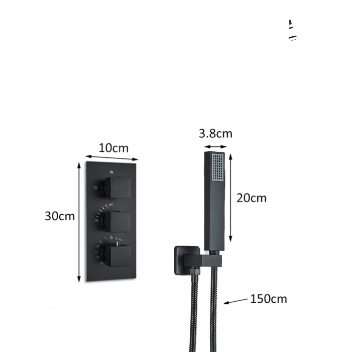 Sistem de dus incastrat in tavan, termostatic, negru mat, tip cascada, 30X30 [6]