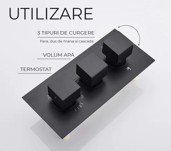 Sistem de dus incastrat in tavan, termostatic, negru mat, tip cascada [5]