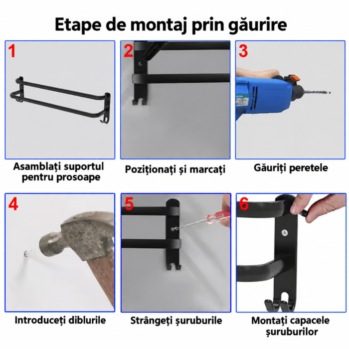 Suport dublu pentru prosoape, negru mat, cu cârlige, montaj pe perete [5]