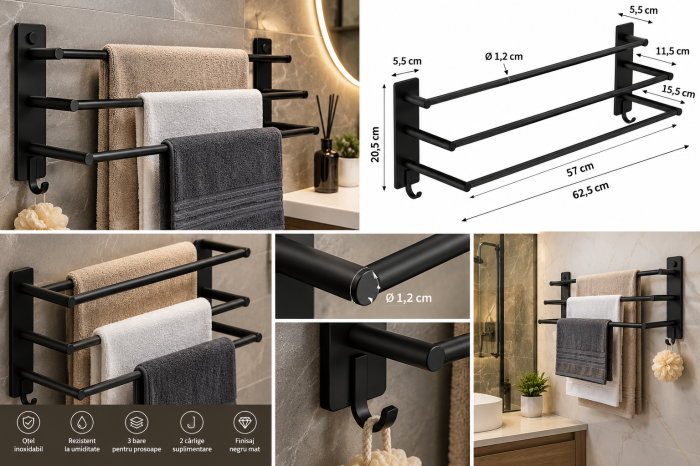 Suport prosop triplu negru mat 60 cm din oțel inoxidabil [2]