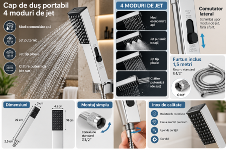 Cap de duș portabil 4 moduri din inox cu furtun 1,5m crom G1/2 [2]