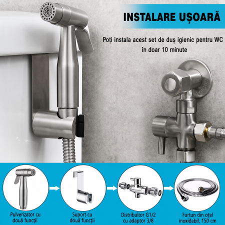 Set dus igienic WC cu robinet T si furtun 150 cm crom [1]