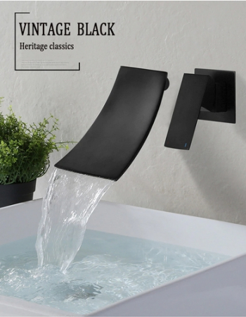 Baterie lavoar chiuveta baie tip cascada, incastrat in perete negru mat [3]
