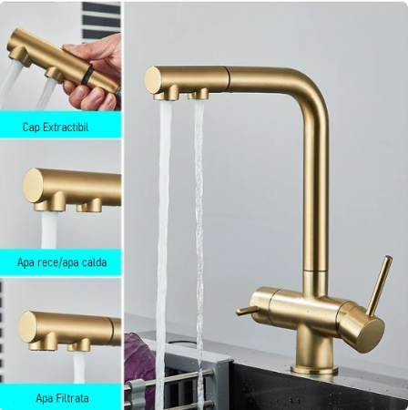 Baterii Bucatarie - Baterie bucatarie, 3 cai, pentru filtru de purificare, dus extractibil, auriu periat