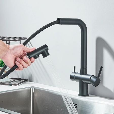 Baterie bucatarie, 3 cai, pentru filtru de purificare, dus extractibil, negru mat